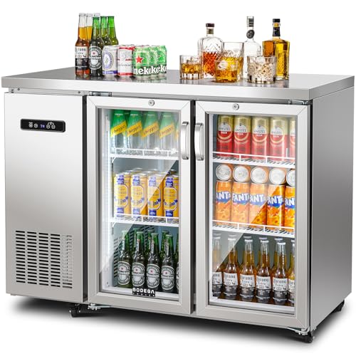 Image of BODEGACOOLER Commercial Cooler with 2 Glass Doors,12 Cu.Ft Stainless Steel Counter Height Back Bar Refrigerator,Display Drink Beverage Fridge for Soda LED Lighting, SUS 304 Stainless Steel Exterior