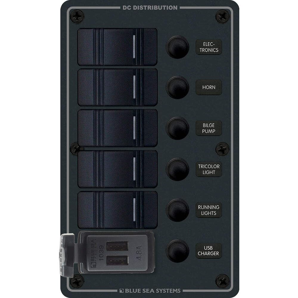 Blue Sea 8521-5 Position Contura Switch Panel w/Dual USB Chargers - 12/24V DC - Black