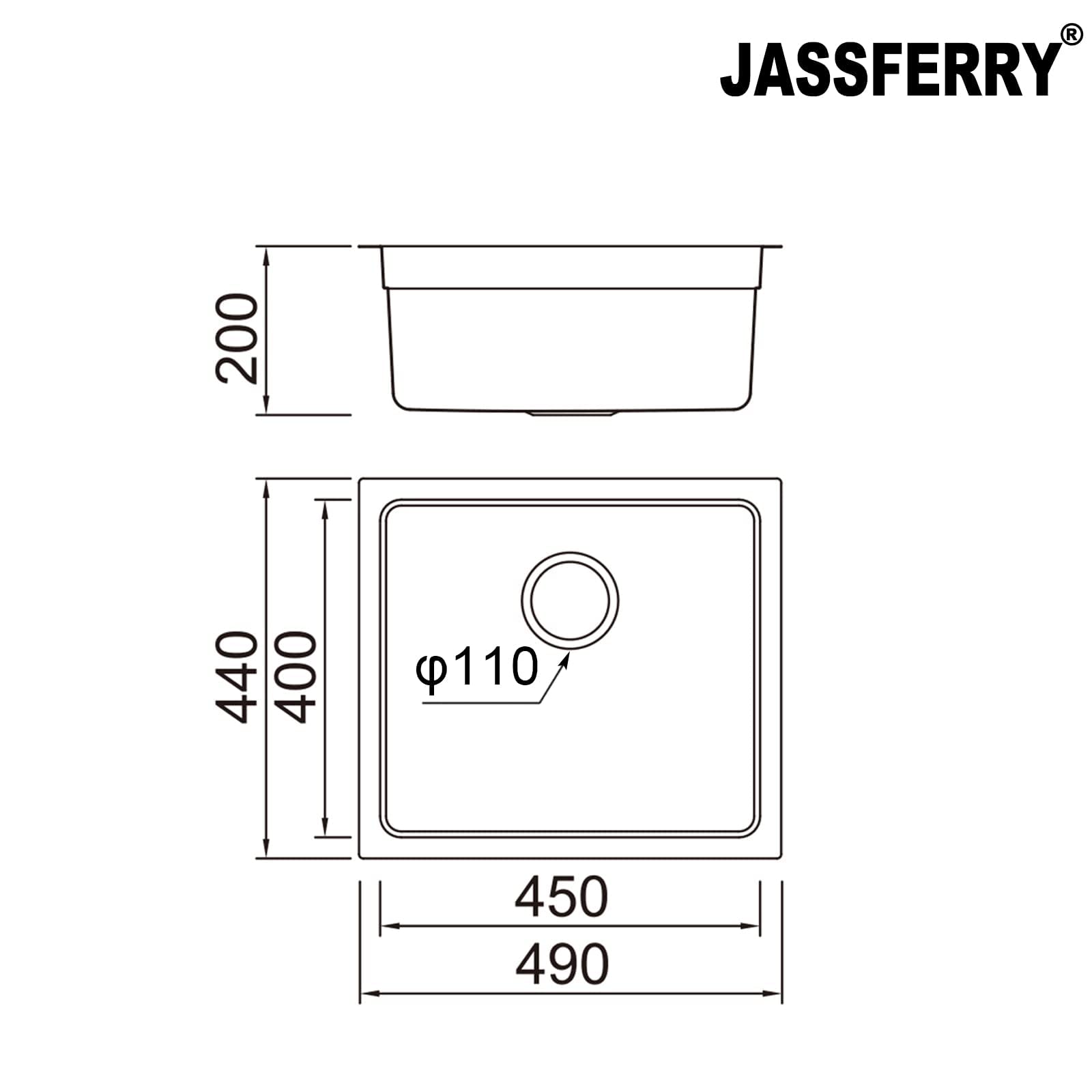 JASSFERRY Fregadero de cocina un seno, de Acero Inoxidable, bajo encimera, con colador de residuos 490 x 440