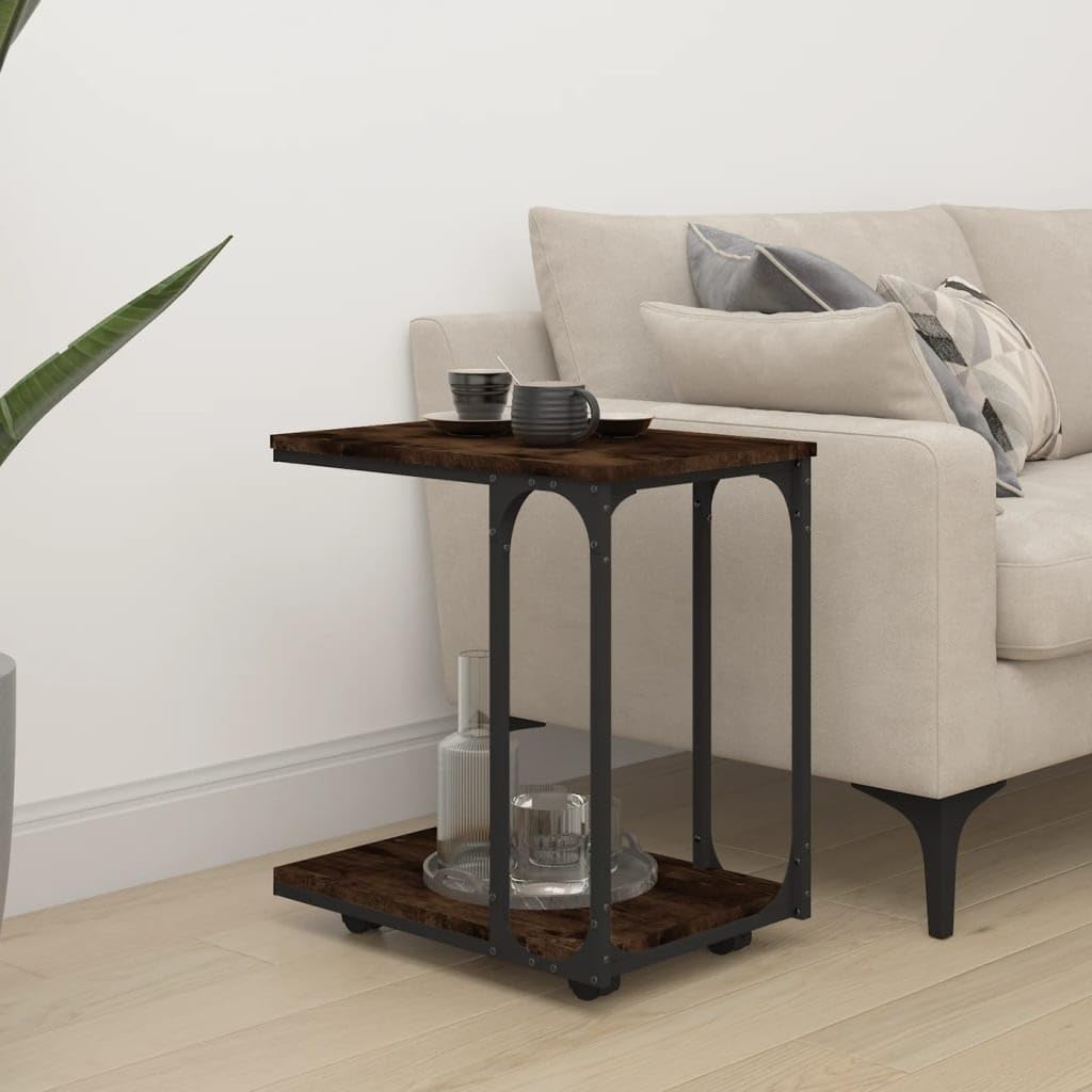 Mesa auxiliar con ruedas, roble ahumado, 50 x 35 x 55,5 cm, diseño en forma de C, mesa de centro industrial, mesita de noche móvil para salón, dormitorio, oficina