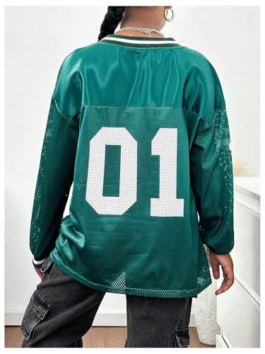 Verdusa Girl's Jersey Graphic Tees Long Sleeve Oversized Tshirts V Neck Drop Shoulder Tops2