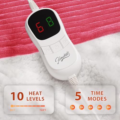 Image of Homemate Heated Blanket Electric Throw - 50 inchx60 inch Heating Blanket Throw 1 /2 /4 /6 /8 Hours Auto-Off 10 Heat Levels Over-Heat Protection Soft Flannel Sherpa ETL Certification