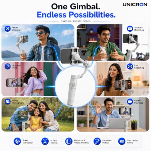 Image of M1 3-Axis Gimbal Stabilizer for Mobile with Built-in Extension Rod & Tripod Foldable Phone Gimble for Vlogging, Reels & YouTube Video, iPhone & Android, 8hr Battery
