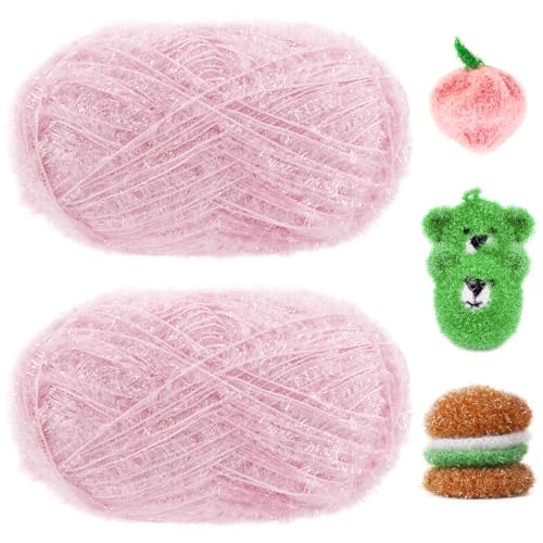 Image of JeogYong Scrubby Yarn 2 Skeins (2 x 100g, 2 x 218yd) Scrubby Sparkle Yarn, Fluffy Polyester Scrubbie Crochet String for Crocheting Knitting Dishcloths Washcloths DIY Projects