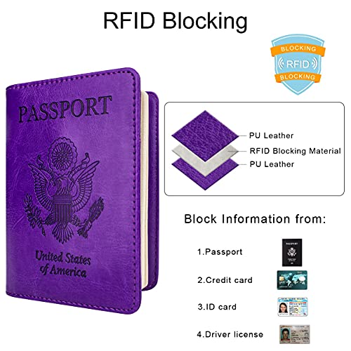 Image of WALNEW Passport Holder for Travel, RFID Passport Cover Wallet for Women Men, PU Leather Passport Book Card Holder Case with Pen (Elastic Band Closure, A-Purple)