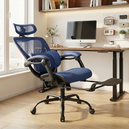Image of MALOL Ergonomic Mesh Office Chair with Footrest, Executive High Back Computer Desk Chair with 3D Adjustable Headrest & 5-Level Lumbar Support, Reclining Tilt Lock, 3D Arms, 300LBS Capacity, Blue