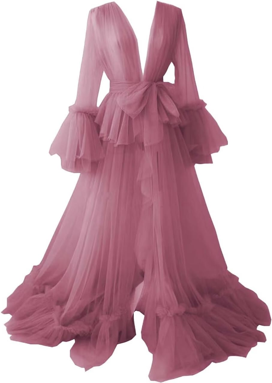 Tianzhihe Tulle Robe Maternity Dress for Photoshoot Long Illusion Bridal Lingerie Dressing Gown Nightgown Old Hollywood Robe