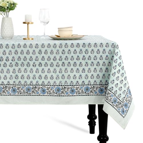 CPC Tablecloth 100% Cotton 70x118 Inch Indian Block Print Rectangle Table Cover, Washable Table Cloth for Weddings, Spring/Summer, Barbeque - Poppy Blue