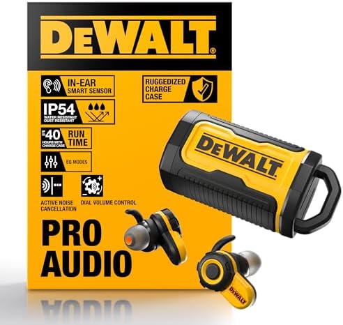 DEWALT Bluetooth Jobsite Pro X2 ANC True Wireless Earbuds, 38 dB Noise Reduction Rated Work Earbuds, Turn Dial Controls, 10 Hr Runtime (40+ w/Case), 4 EQ Modes, IP54, Active Noise Cancelling