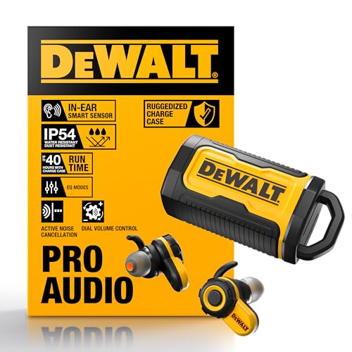 DEWALT Jobsite Pro X-2 ANC True Wireless Earbuds, Improved 38 dB Noise Reduction Rating, Patent Pending Dial Controls, 10-H Runtime (40+ w/Case), 4 Specialized EQ Modes, IP54, Active Noise Cancelling
