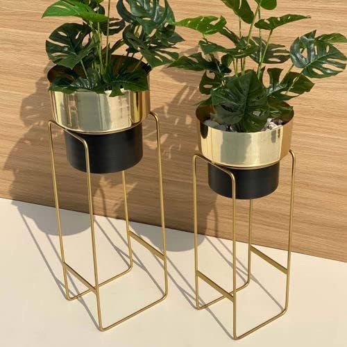 LIBAN Planters for Indoor Plants Metal Planters with Stands & Indoor Plant Pots for Indoor Plants & Mid Century Plant Stands with Pots & Plant Pots Indoor Planter Set of 2 (Gold & Black)-image-36