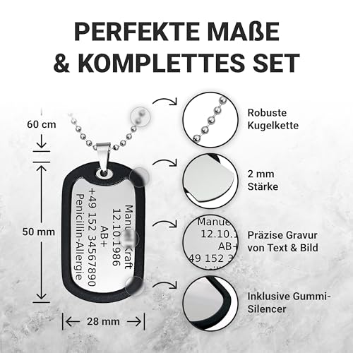 Generisch Dog Tag Personalisiert – Erkennungsmarke Edelstahl – Glanz Kette Mit Namen – Gravur – Personalisierte Kette Herren – Militär Geschenke – 2 Mm Dick – Gravur – Set Mit Clip Und Gummi-Silencer