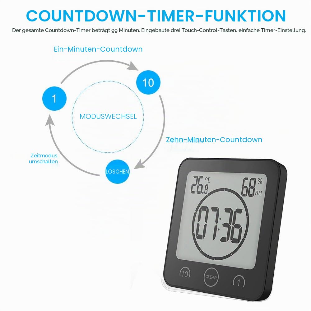 Digitale Duschuhr, LCD, wasserdicht, Digitale Uhr für Badezimmer, mit Saugnapf, Alarm, Luftfeuchtigkeit, Countdown für Dusche, Küche