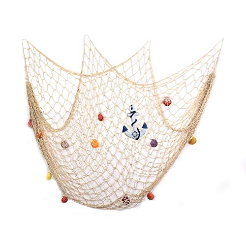 Yagote 79inch x 59inch Decorative Fish Net with Anchor and Shells White Mediterranean Style Nautical Decorative Fishing Net Hanging Home Decor Room Decoration(79x59inch White+Anchor)