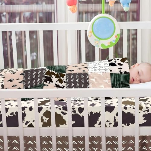 Image of Hahafelt 3 Piece Patchwork Western Crib Bedding Set for Boys Girls Cow Cactus Print Baby Bedding Barnyard Western Nursery Decor Soft Baby Bed Set Includes Quilt Fitted Crib Sheet Bed Skirt(Cowboys)