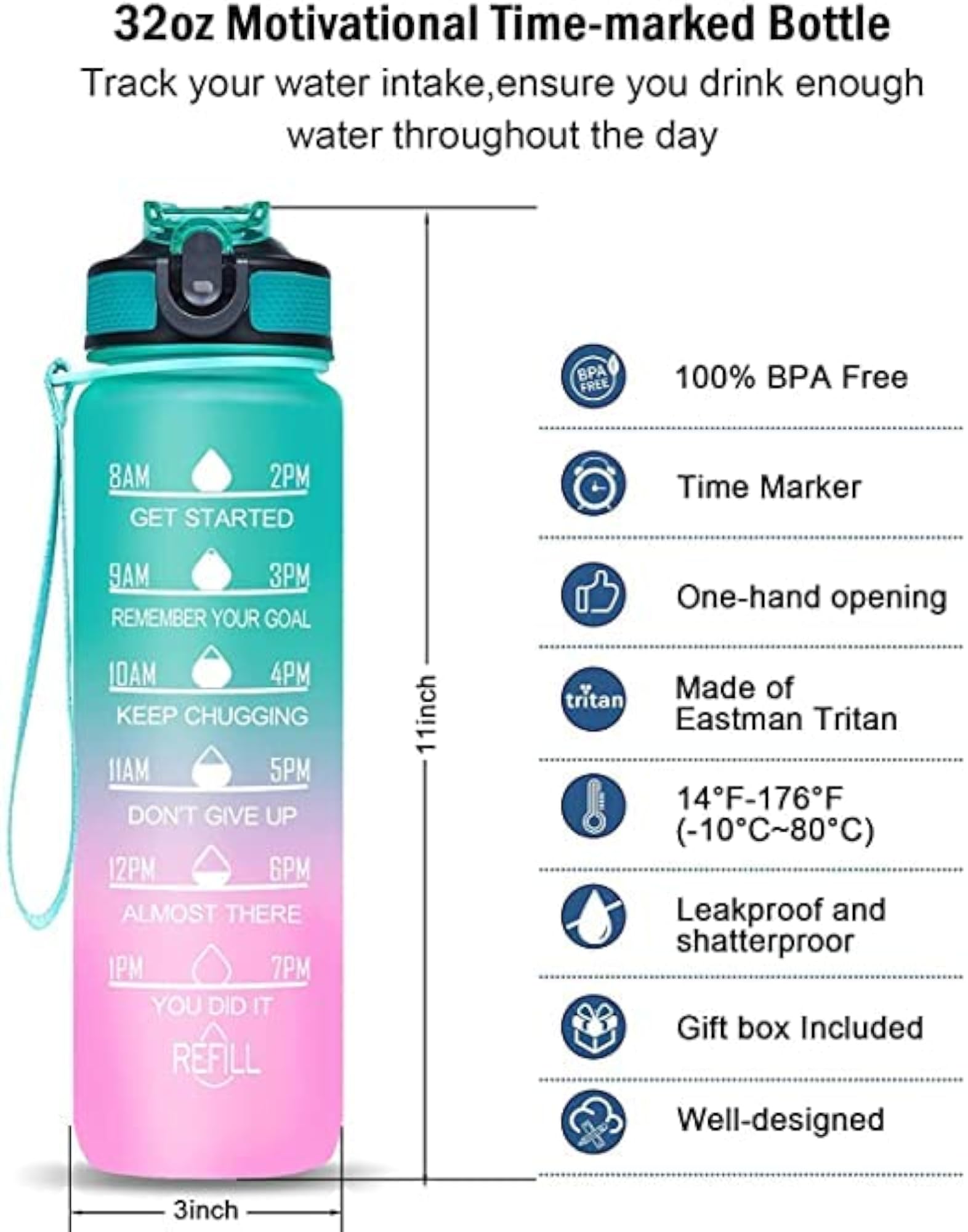 Motivational Silicone Water Bottle Sipper, 1 Litre