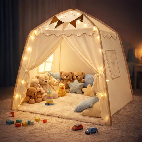 Tienda Campaña Infantil, Tipi Cabañas para Niños con Luces y Banderas Casa de Juegos Carpa de Princesa Casita de Juegos Grande Regalo con Ventanas para Interior y Exterior