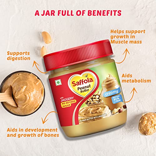 Image of Saffola Oodles, Instant Noodles, Ring Shape, Yummy Masala Flavour, No Maida, Whole Grain Oats, 12 x 53g & Saffola Peanut Butter with jaggery, No Refined Sugar, Creamy, 23.4g Protein, 350g Jar