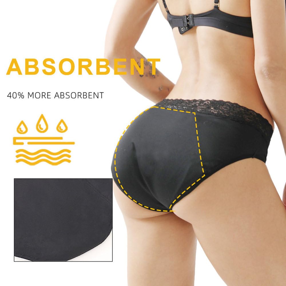 Bragas Menstruales para Mujer Ropa Interior Sexy Con Encaje Y Ribetes Bragas Menstruales Con Flujo abundante a Prueba de Fugas Paquete de 5 Negro M