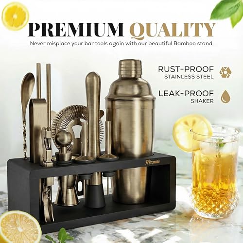 Image of Brushed Brass Mixology Kit - 15 Piece Bar Tool Set, Silver Bar Set Cocktail Shaker Set for Drink Mixing - Includes Martini Shaker, Jigger, Strainer, Bar Mixer Spoon, Tongs, Opener | Gift Idea