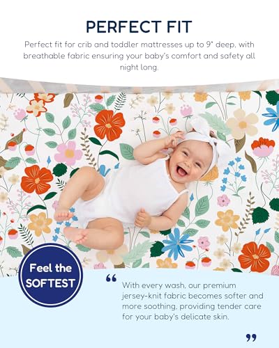 Image of TotAha Floral Crib Sheets 2-Pack, Hypoallergenic, Silky Comfort, Buttery Soft, Calming Effect, All-Season Jersey-Knit Pink Flower Baby Sheets, Premium Stretchy 9'' Extra Deep Pocket