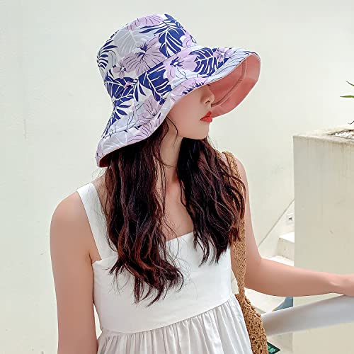 Huamulan Women Wide Brim Summer Sun Hat Wired Edge Floral Beach Bucket Hats Reversible Foldable Fishing Travel Uv Protection Lady Hat Windproof Chin Cord String #TOP4