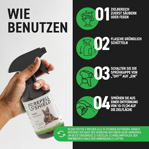 RepellShield® Hundeabwehrspray - 250ml - Nicht färbend - Hundeschreck gegen Urinieren - Geraniol Hunde Abwehrspray zum Hunde vertreiben - Hundeabwehrspray Innen- und Außenanwendung