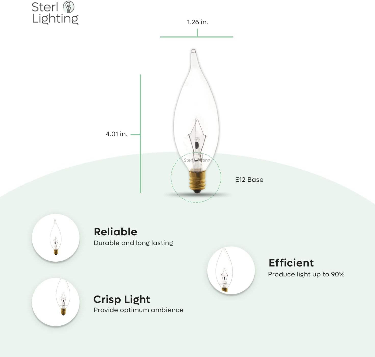 Sterl Lighting - 12 Pack, CA32 Incandescent Flame Candle Tip Shaped, 60 Watt, 120V, 4.01Inch 620Lm, Dimmable, 2700K Warm White Clear, E12 Candelabra Small Base, Decorative Chandelier Light Bulb