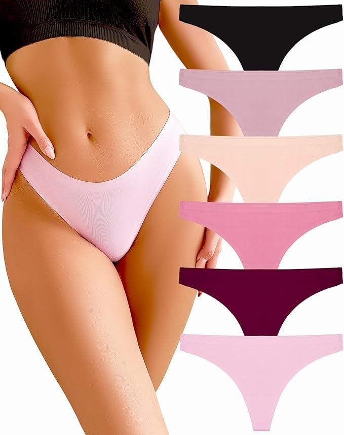 Seamless Thongs for Womens V-Waisted No Show Thong Seamless Panties Breathable Comfortable Underwear Women 3-Pack Black Beige Pink