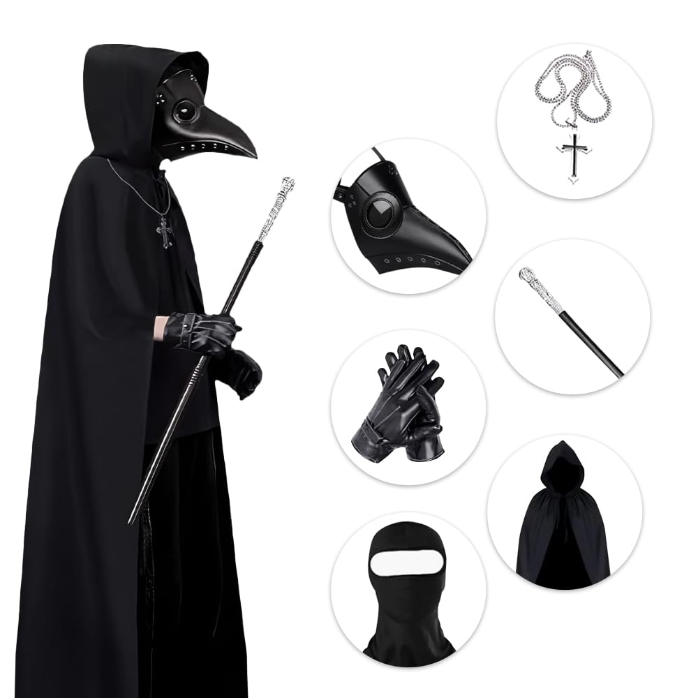 Medico Della Peste Costume, Halloween Plague Doctor Costume con maschera medico della peste,Scettro,Guanti,Collana,Croce Mantello,Costume Medico Della Peste Uomo,Costume Halloween per Adulto