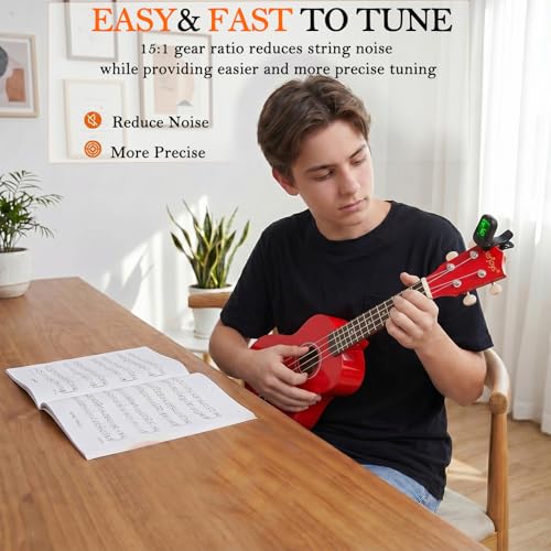 Image of Everjoys Soprano Ukulele Beginner Kit 21 Inch w /Free Online Lesson Gig Bag Tuner Picks Strap, Fast to Learn (Shinny Red）
