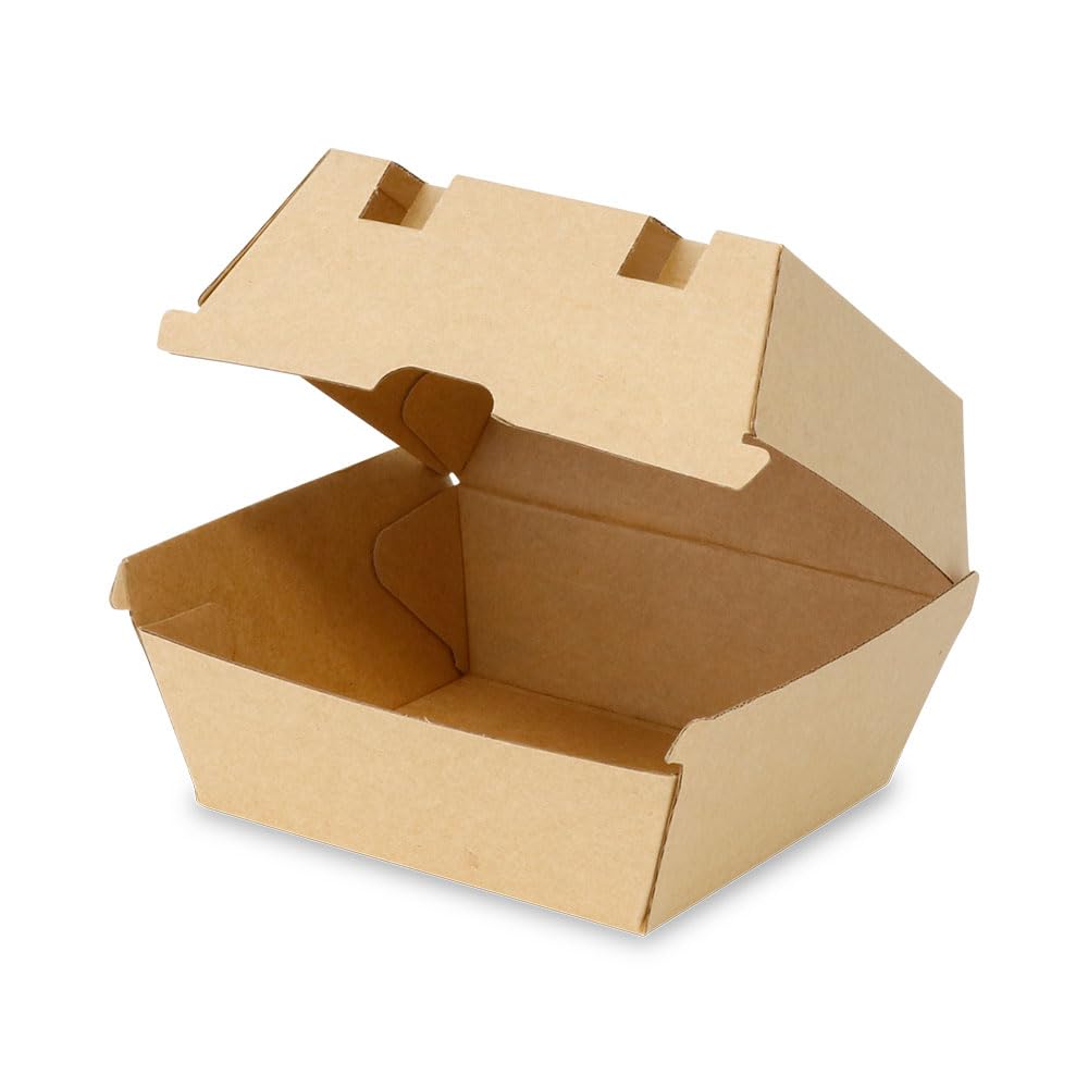 GREENBOX Take Away Burger Box 50 Stück I robuste Burgerboxen mit hohem Klappdeckel I Hamburger Box aus Kraftkarton I stabile To Go Burger Verpackung 13 x 14 x 8 cm I biologisch abbaubar