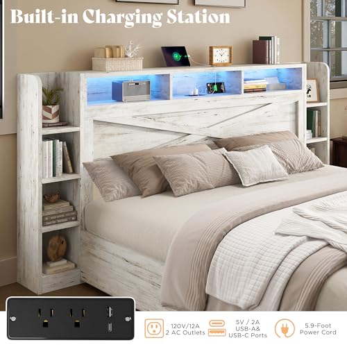 Image of AMERLIFE 45'' Farmhouse King Bed Frame with 4 Drawers, LED Bed Frame with Bookcase Headboard & Side Shelves, Wood Platform Bed with Charging Station, White