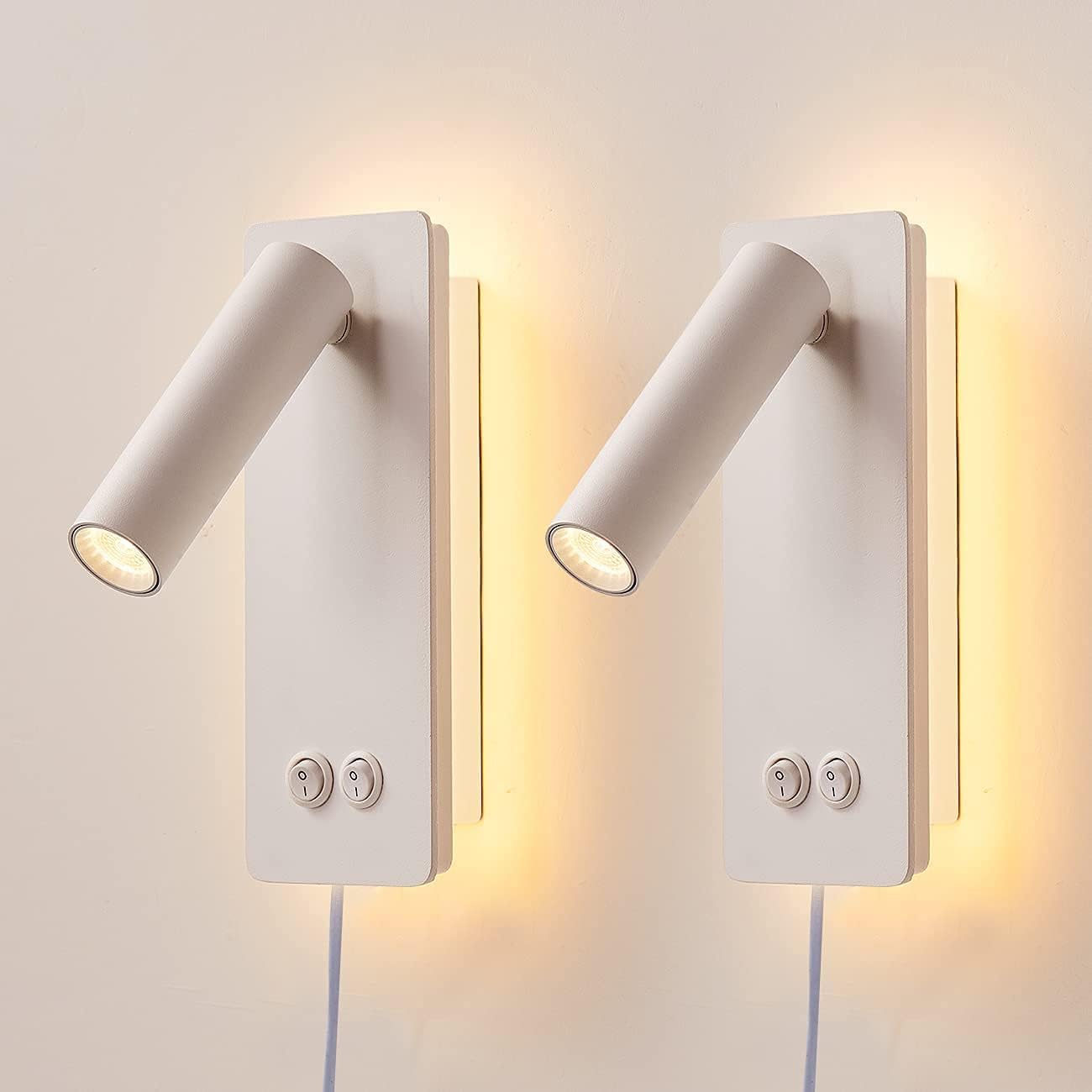 Bedside Reading Lamp Wall Mounted, LED Wall Reading Light for Bed, Plug in Wall Sconce Set of 2, Bed Reading Light 3W 3000K Book Light with 9W Ambient Lighting