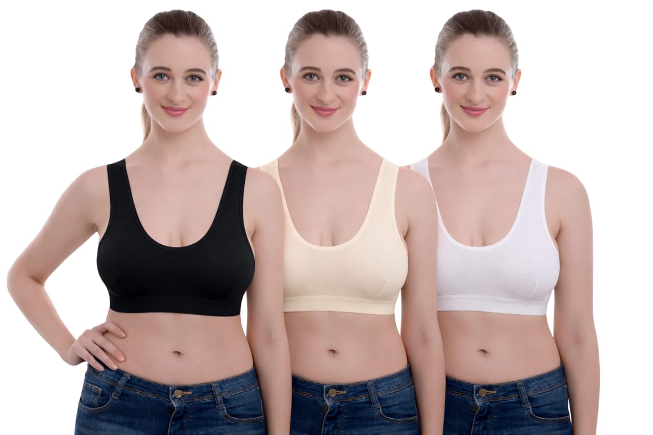 Women’s Cotton Stretch Sports Bra Combo Pack of 3 (White, Cream & Black) | Non-Padded | Non-Wired | Full Coverage | Everyday Comfort Bra-image-4