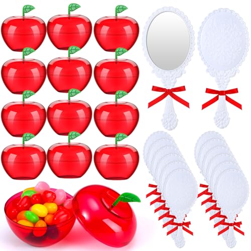Weysat 48 Pcs Snow Princess Party Favors Include Red Apple Container and Vintage Handheld Mirror for Girls Princess Party Gifts Snow Beauty Birthday Decoration Supplies
