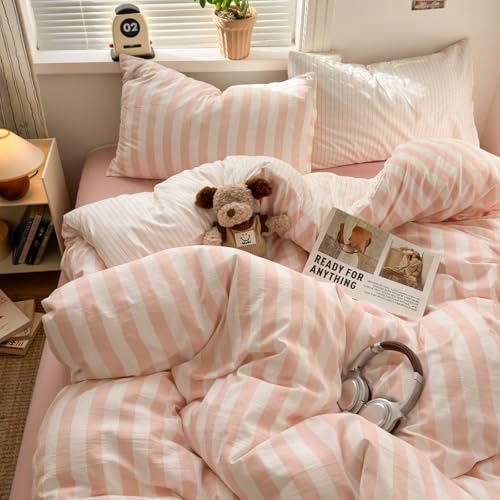 Freyamy Housse de Couette 220x240 Rayures Rose Blanc avec 2 Taies d'oreiller 65x65cm Parure de lit 2 Personnes Adulte Ado Sets de Housse Couette en 100%...