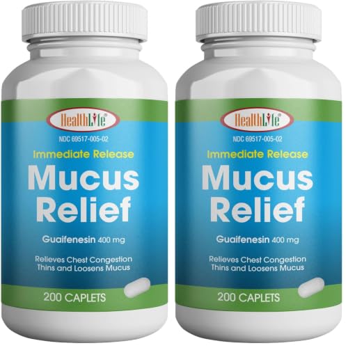 Image of HEALTH LFE Mucus Relief Guaifenesin Caplets 400 mg, Immediate Release Fast Acting Expectorant, Thin and Loosens Mucus, Relieves Chest Congestion, Cough, Cold and Flu (Medium, 200 Count) (Pack of 2)