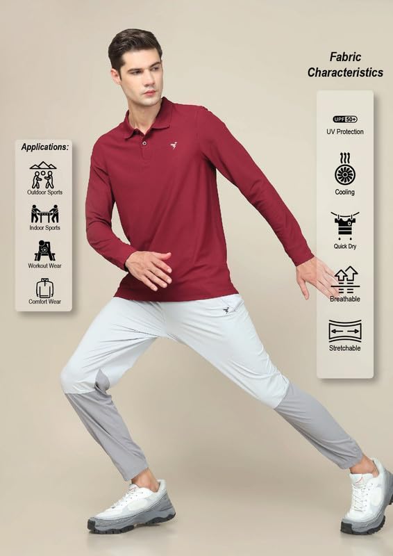 Image of TECHNOSPORT Mens Slim Fit Polyester Active Wear Collar Polo T-Shirt with Long Sleeves for Workout, Sports