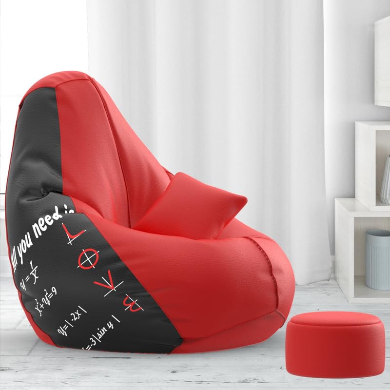Image of Biggie Bean Bag with Beans Filled 6XL Evergreen Classics Bean Bag-Loud Prints-Soft Landings-Styled with Free Cushion & Footrest (Matching Color : Printed All You Need is Love - Black Red)