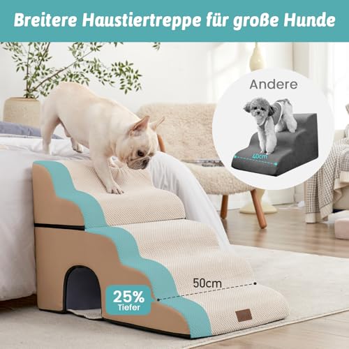 COZY KISS Hundetreppe für Kleine Hunde, Haustiertreppe für Hochbett aus Hochdichtem Schwamm, Hunde Treppe Hunderampe mit Waschbarem Bezug (Beige, 84 × 50 × 57 cm, 5)