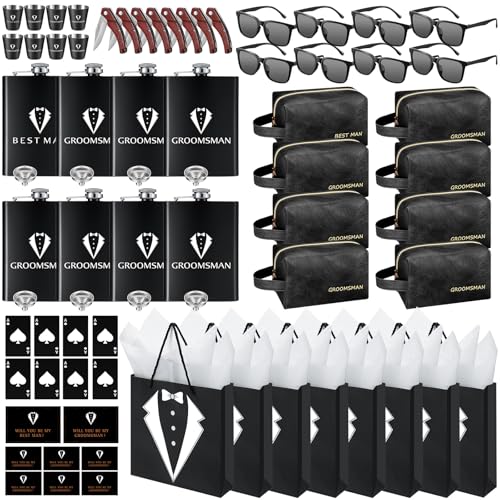 80Pcs Groomsmen Gifts Groomsmen Proposal Box with Flasks Sunglasses PU Leather Toiletry Bag Bottle Opener for Wedding Groomsman Best Man Gift (80, Black)