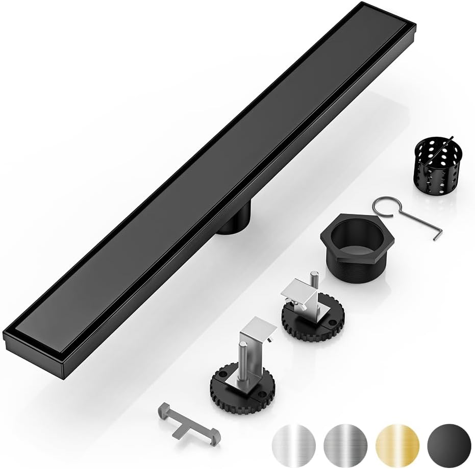 - DLONE Linear Shower Drain | 24" AISI 304 Stainless Steel Shower Drain, Matte Black Linear Drain with Tile Insert Panel & Adjustable Feet, Long Rectangle Shower Floor Drain in Bathroom, Balcony, etc