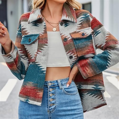 Women's Collar Single Breasted Geometric Pattern Thick Shirt Fashionable Wool Cardigan Jacket2