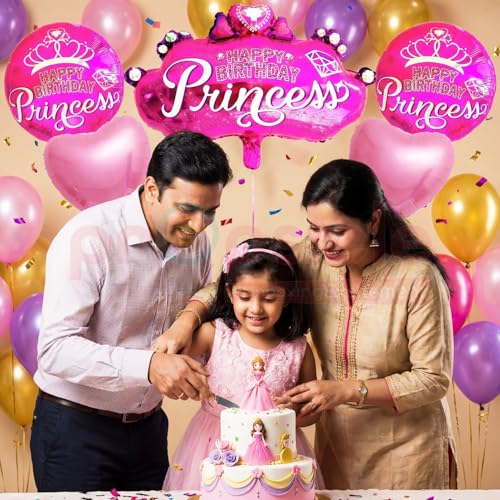Propsicle 32" Pink Princess Theme Decoration Birthday Balloon Bouquet Kid Happy Birthday Party Crown Helium Foil Balloon Kids First Birthday Decoration - Pack of 5