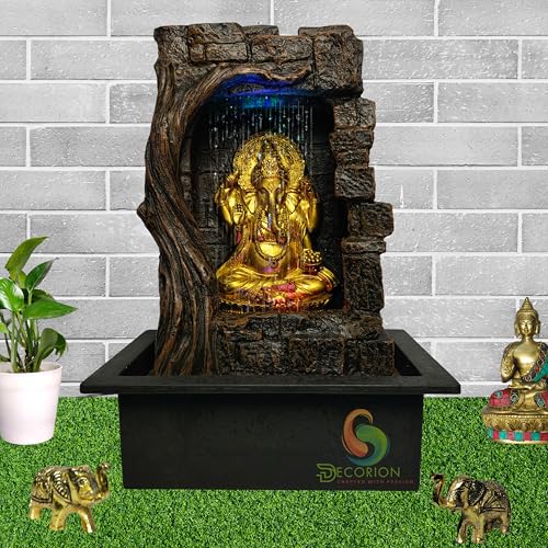 Image of DECORION Decorative Table Top Water Fountain for Home Decor /Office /Indoor & Outdoor /Garden /Puja Room /Vaastu with Multicolor LED Light and Adjustable Water Pump (Brown-D-031)
