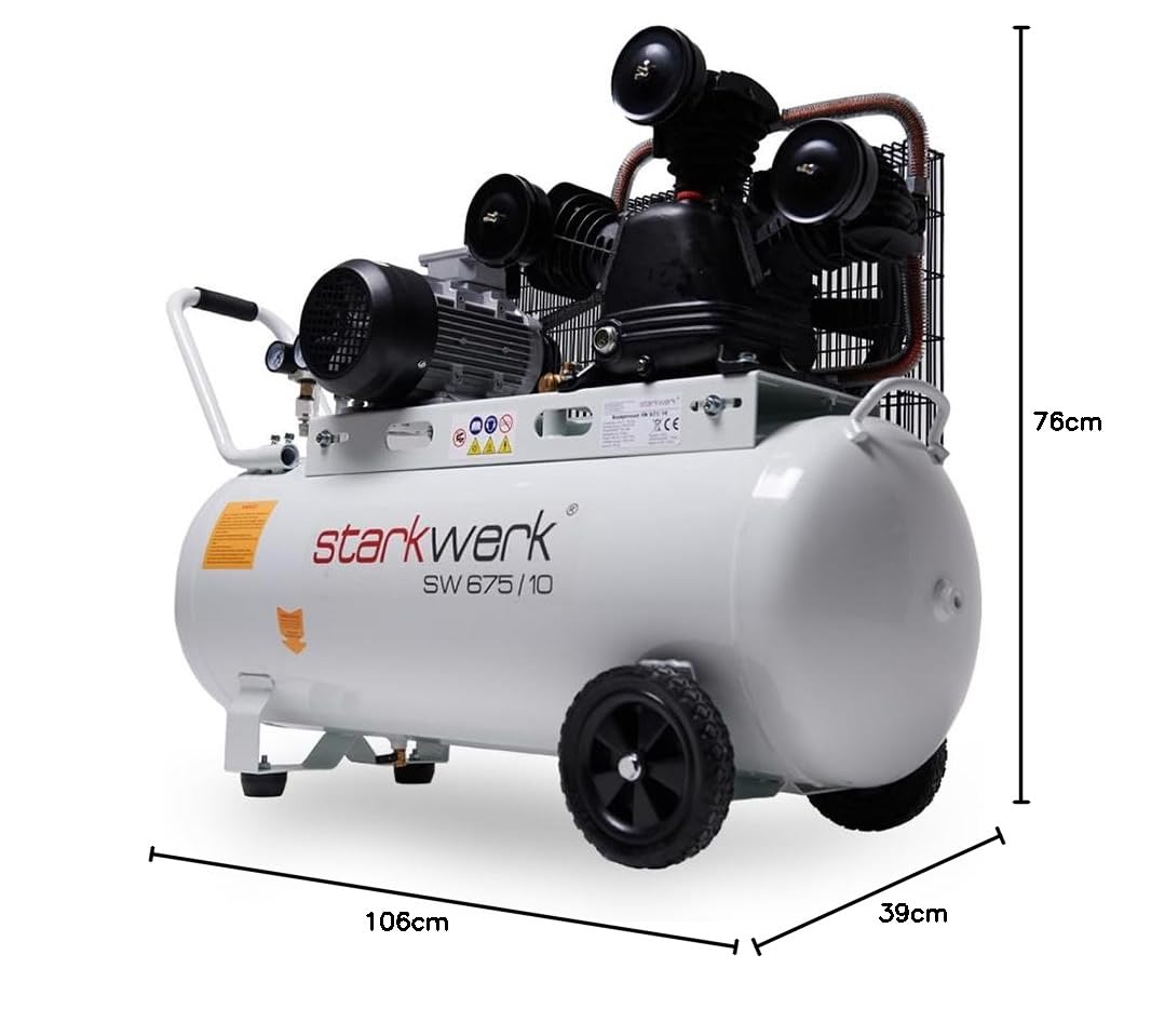 Starkwerk Druckluft Kompressor Druckluftkompressor SW 675/10-3000 Watt / 4 PS 100L Kessel 400 Volt 3 Zylinder Doppel Keilriemenantrieb Profi Druckschalter inklusive Druckminderer und Wasserabscheider