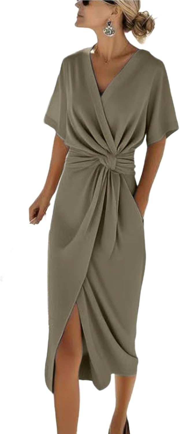 Women's V Neck Midi Dress Short Sleeve Wrap Travel Loose Casual Dresses with Pockets Summer Beach Vacation Outfits
