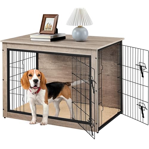 Yaheetech Hundekäfig Möbel mit Hundedecke & 2 Türen, Hundebox für Zuhause, Moderne Hundehütte Indoor, Hundebox Holz für Wohnzimmer, 96x65x68 cm, Grau