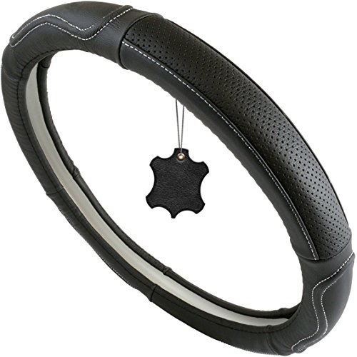 TIRETEK Genuine Leather Steering Wheel Cover, Universal 15 Inch - Breathable, Anti Slip & Odor Free - Best for Comfort & Durability (15 inch (Medium), Black with White Detail Stitching)